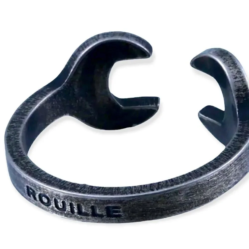 Black Double Wrench Head Stainless Steel Motorcycle Biker Open Band Cuff Ring